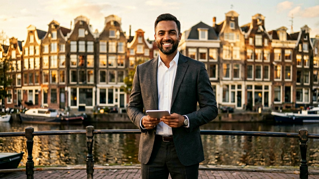 Indian software engineer in front of Amsterdam canal-house skyline