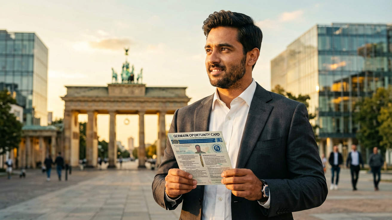 Indian professional with German Opportunity Card in front of Berlin skyline